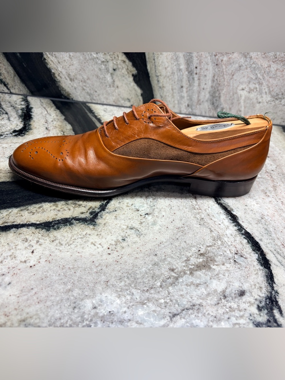 Santoni Handmade Italy Brown Leather & Suede Wingtip Oxfords UK 9 US 10 Rare - Picture 4 of 11
